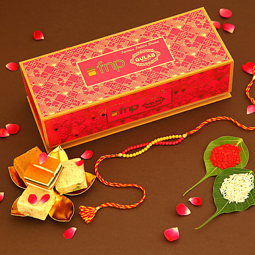 Sneh Beads Mauli Rakhi and Gulab Assorted Sweets:Send Mauli Rakhi