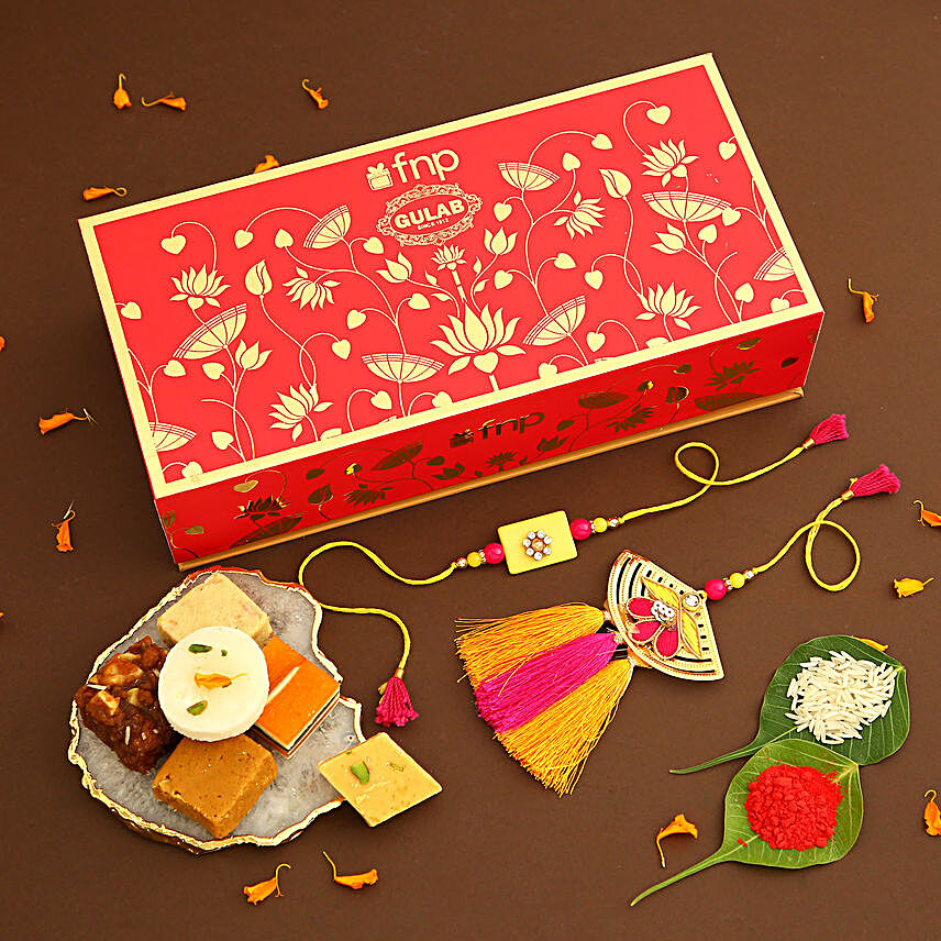 Sneh Hand Fan Bhaiya Bhabhi Rakhi Set and Gulab Assorted Sweets
