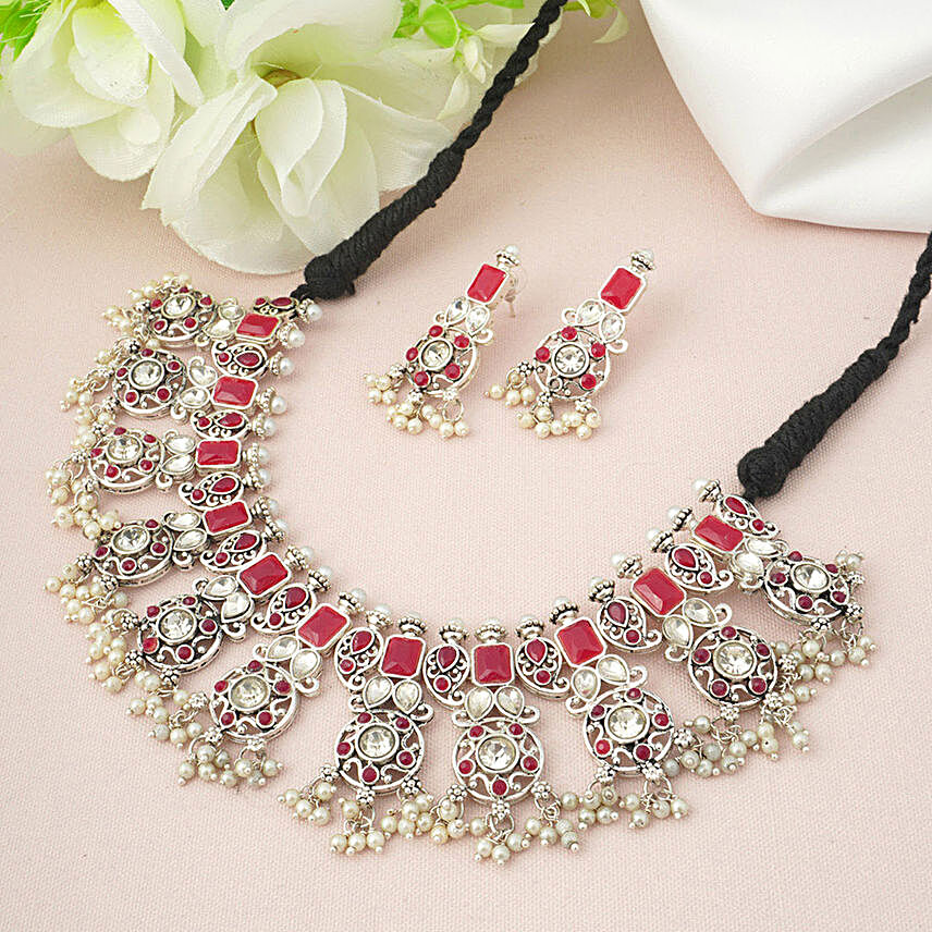 Red Stone Pearl Choker Necklace Set:Send Jewellery Gifts