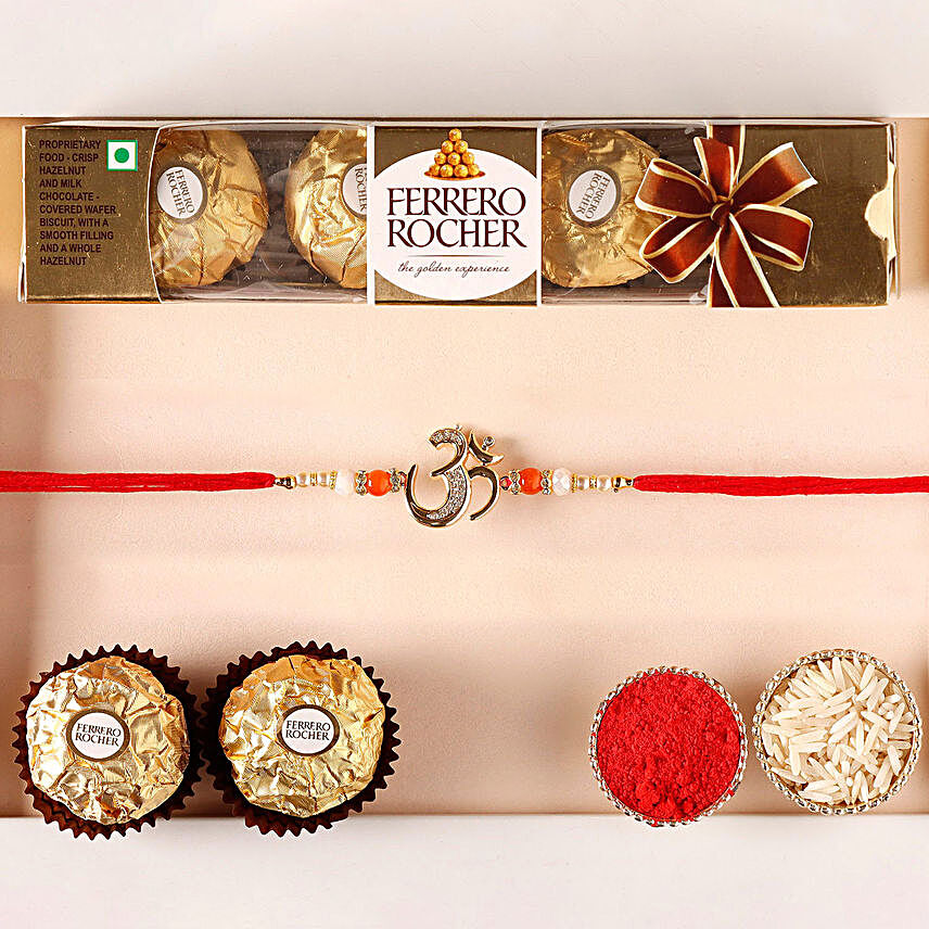Sneh White and Red Beads Om Rakhi With Ferrero Rocher:Send Rakhi With Chocolates