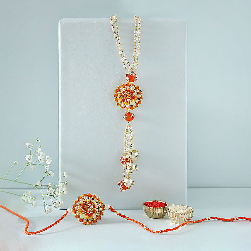Sneh Pearl & Floral Design Bhaiya Bhabhi Rakhi Set