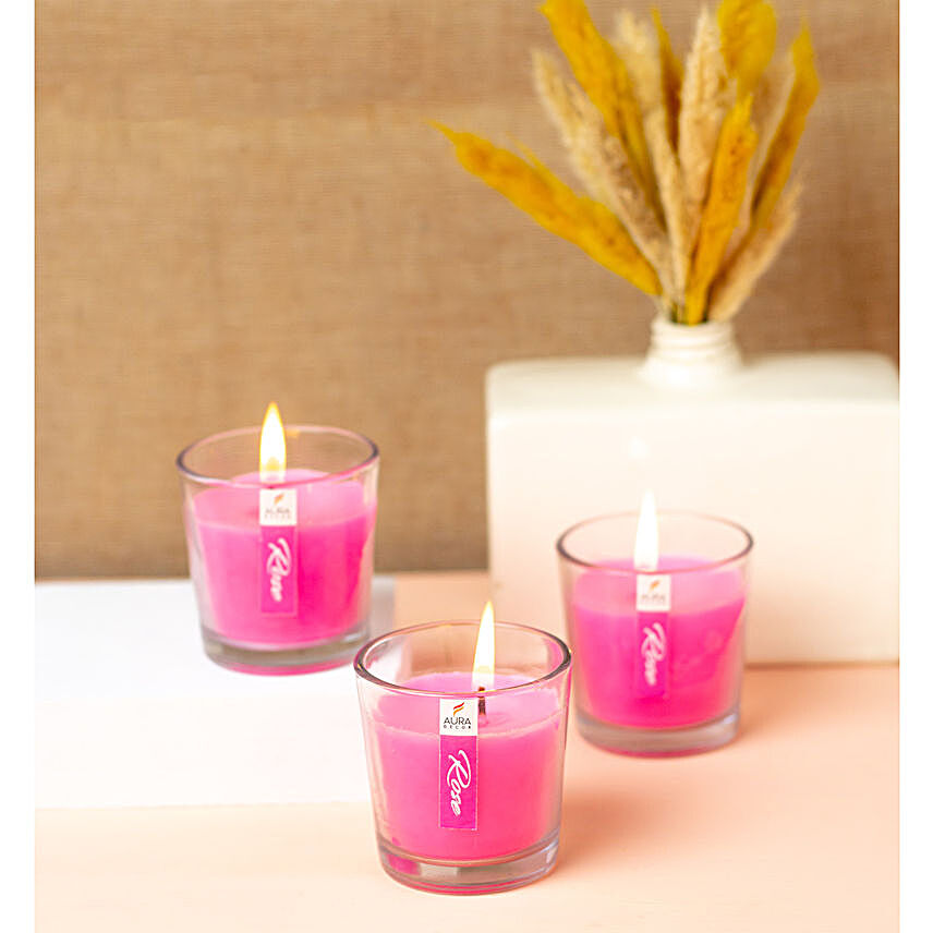 Set of 3 Fragrant Votive Glass Candles- Rose