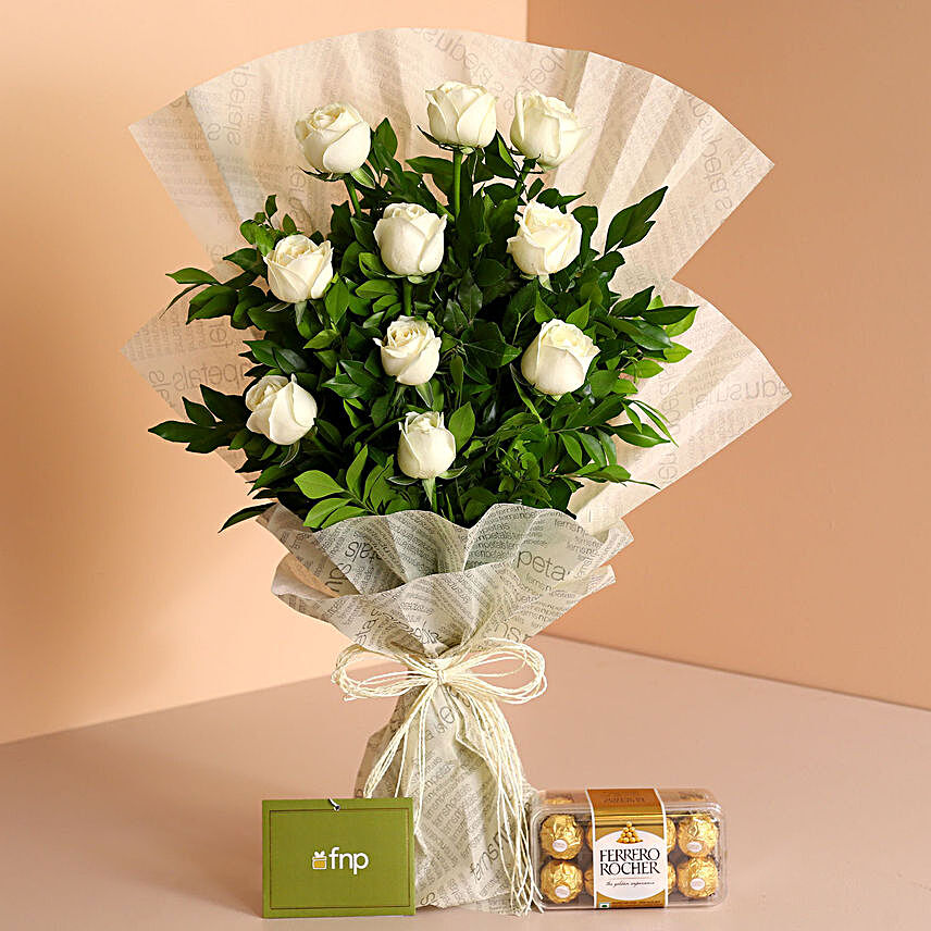 A Cool Breeze Roses Bouquet Ferrero Rocher Box:Flowers And Chocolate Delivery