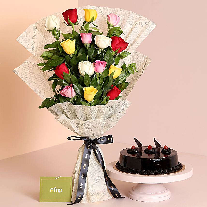 Colours Of Spring Roses Bouquet Truffle Cake:Combos : Gift Double Joy