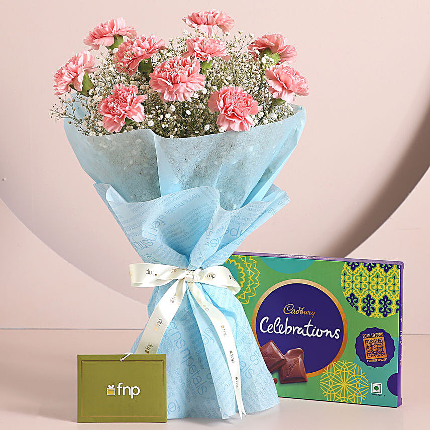 Dazzle With Simplicity Carnations Bouquet Celebrations Box:Flowers And Chocolate Delivery