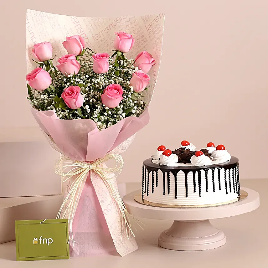 Dreamy Pink Roses Bouquet Black Forest Cake:New Arrival Gifts