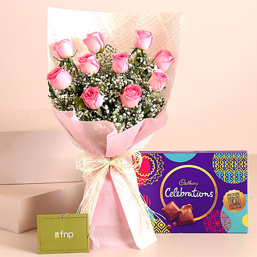 Dreamy Pink Roses Bouquet Celebrations Box:Flowers And Chocolate Delivery