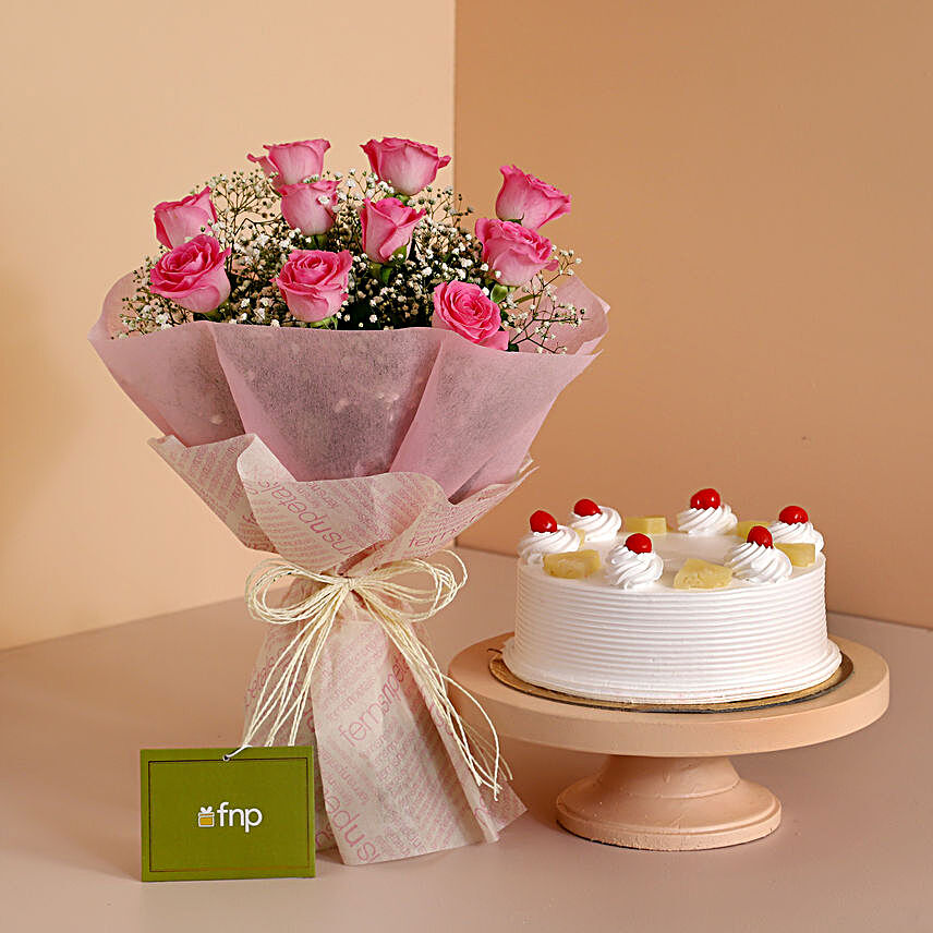 Dreamy Pink Roses Bouquet Pineapple Cake:Fresh Pink Flowers
