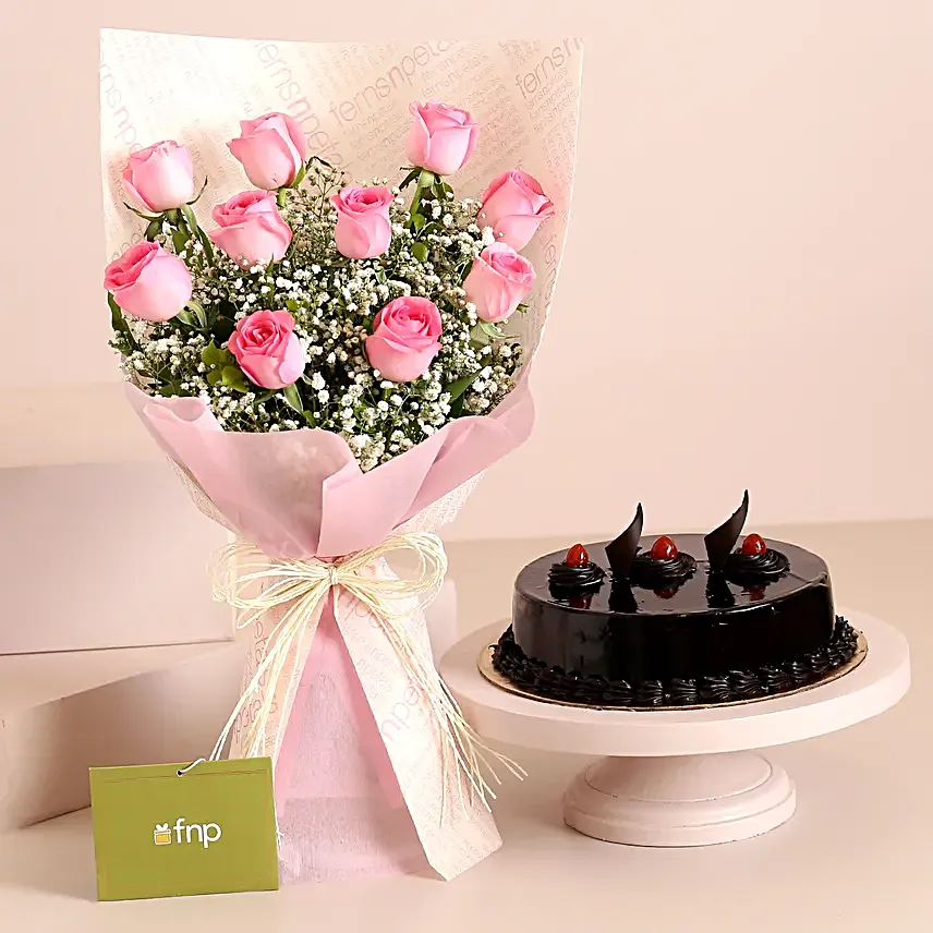 Dreamy Pink Roses Bouquet Truffle Cake:One Day Delivery Gifts