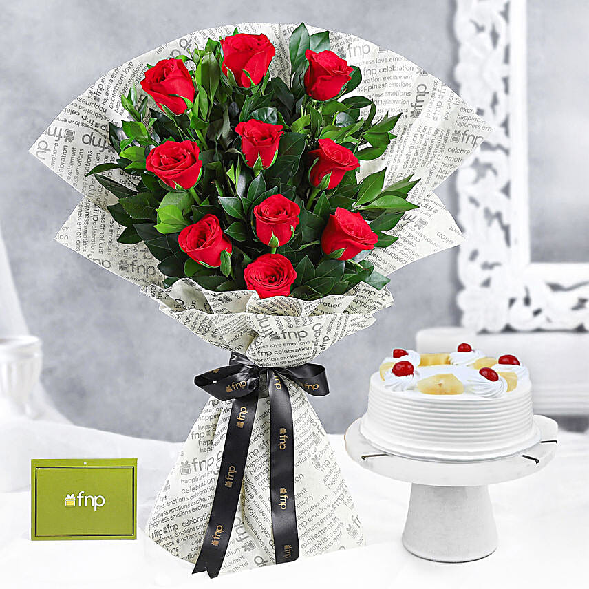 Elegant Vibe Red Roses Bouquet & Pineapple Cake