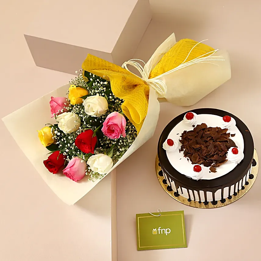 Garden Of Colourful Roses Bouquet Black Forest Cake:Cake and Flower Delivery