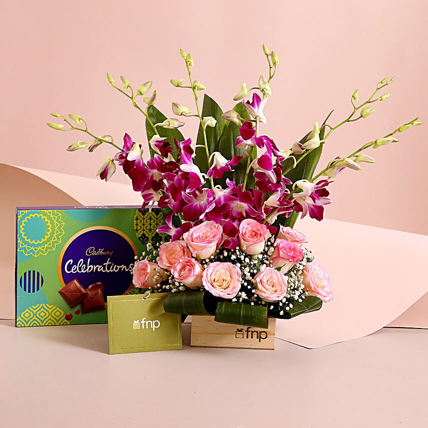 Gleaming Beauty Floral Arrangement Celebrations Box:Tempting Chocolates