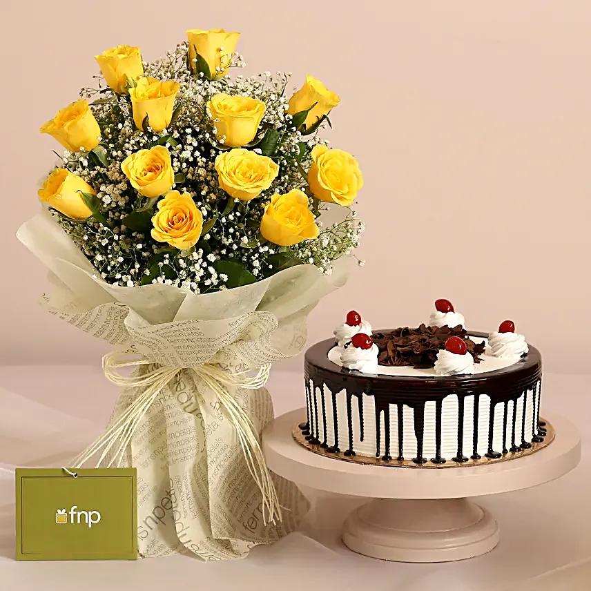 Joyful Vibes Yellow Roses Bouquet Black Forest Cake:Teachers Day Gifts