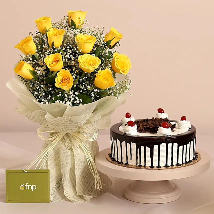 Joyful Vibes Yellow Roses Bouquet & Black Forest Cake