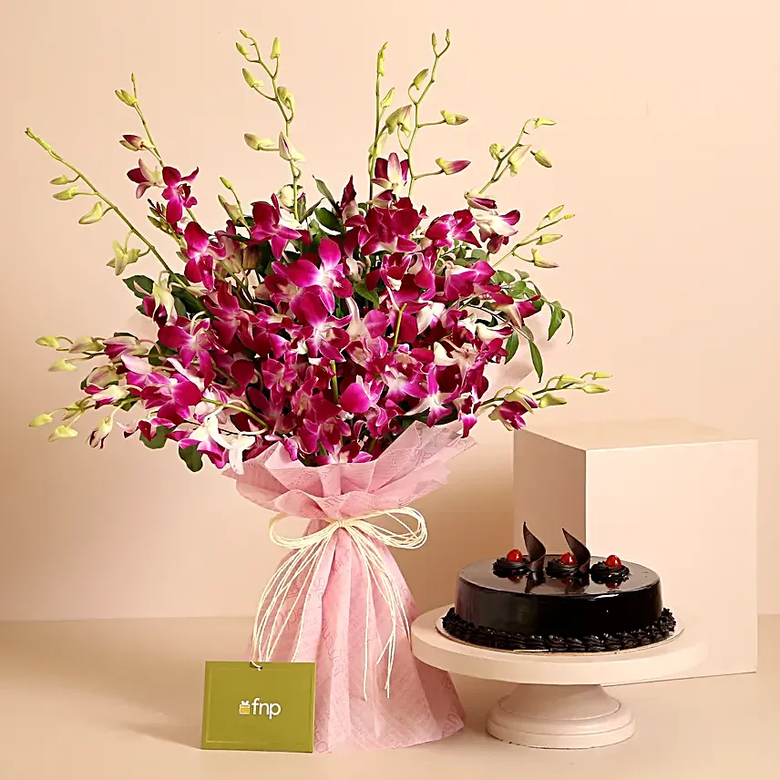 Luxe Love Orchids Bouquet Truffle Cake:Flower Bouquet & Cakes