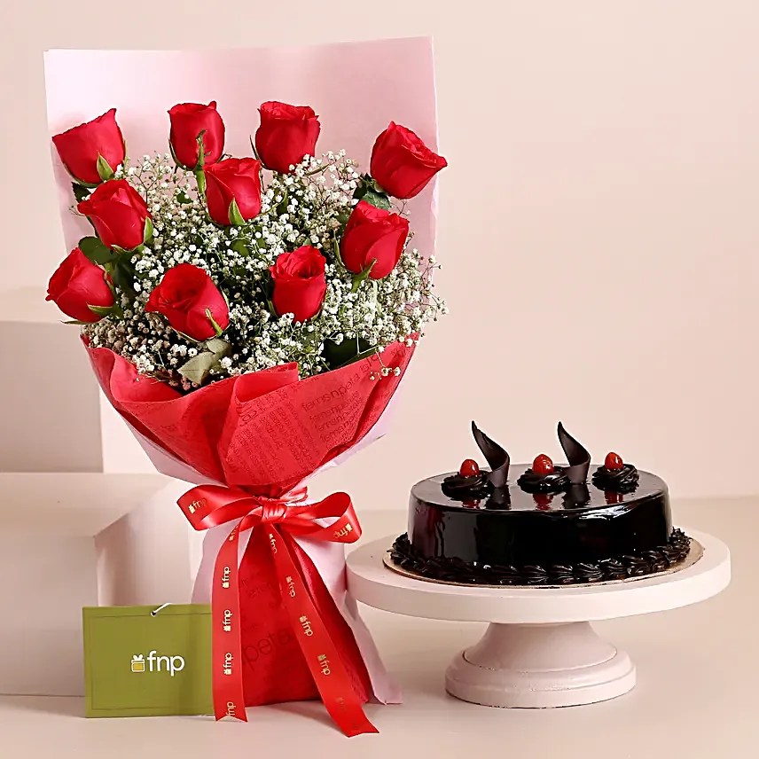 Magical Love Red Roses Bouquet & Truffle Cake