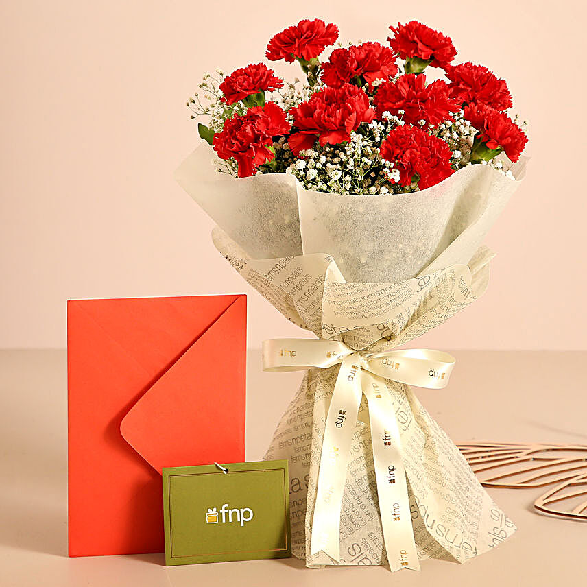 Pop Of Love Carnations Bouquet Greeting Card:Flower Bouquet and Card Delivery