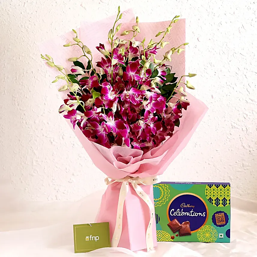 Splendid Love Orchids Bouquet Celebrations Box:Flowers And Chocolate Delivery