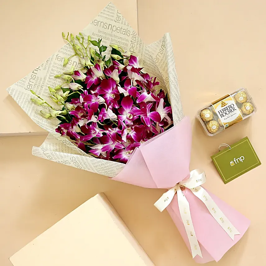 Spring Meadow Orchids Bouquet Ferrero Rocher Box:Cakes Combo