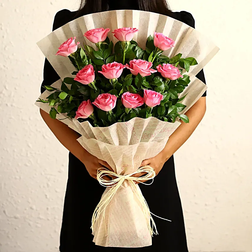 Sweet Memories Pink Roses Bouquet & Chocolate Cake