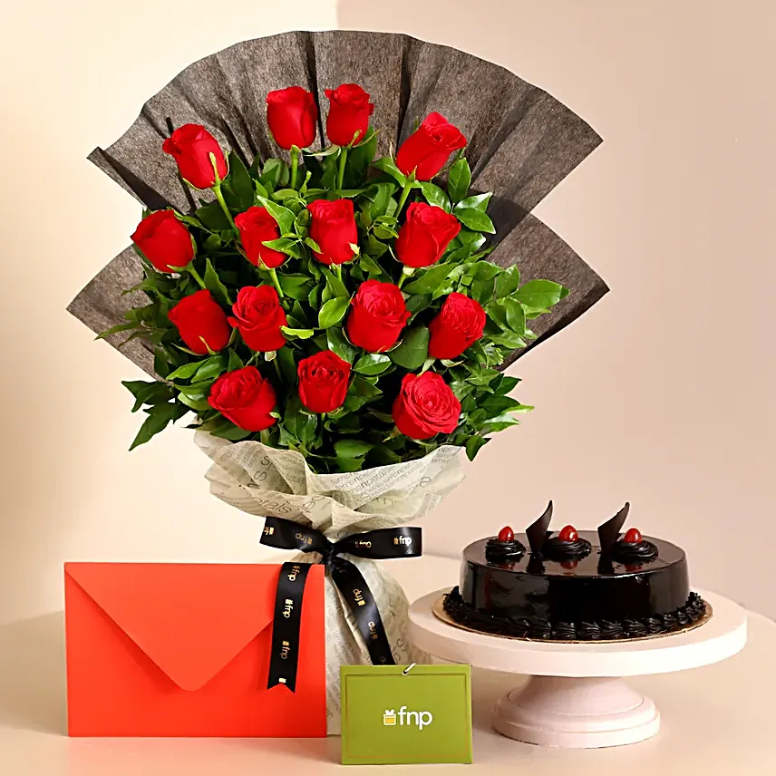 Touch Of Luxury Red Roses Bouquet Truffle Cake:Flowers And Card