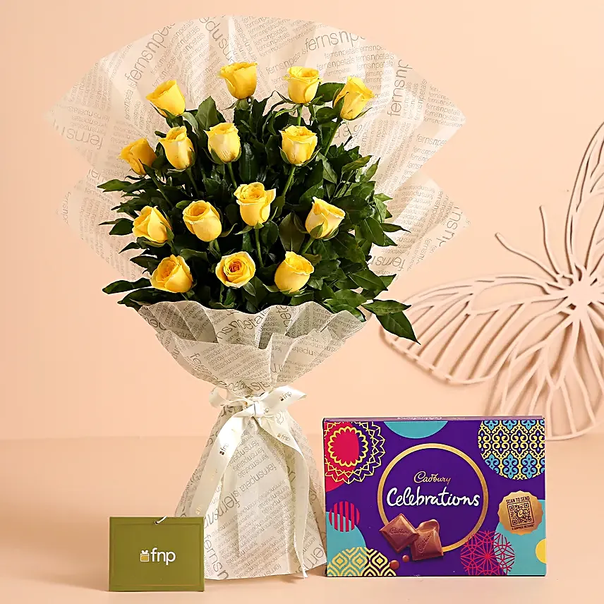 Vibrant Feelings Roses Bouquet Celebrations Box:Flowers And Chocolate Delivery