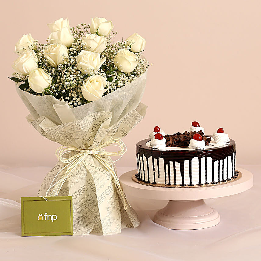 Wrapped In Elegance Roses Bouquet Black Forest Cake:Birthday Cakes