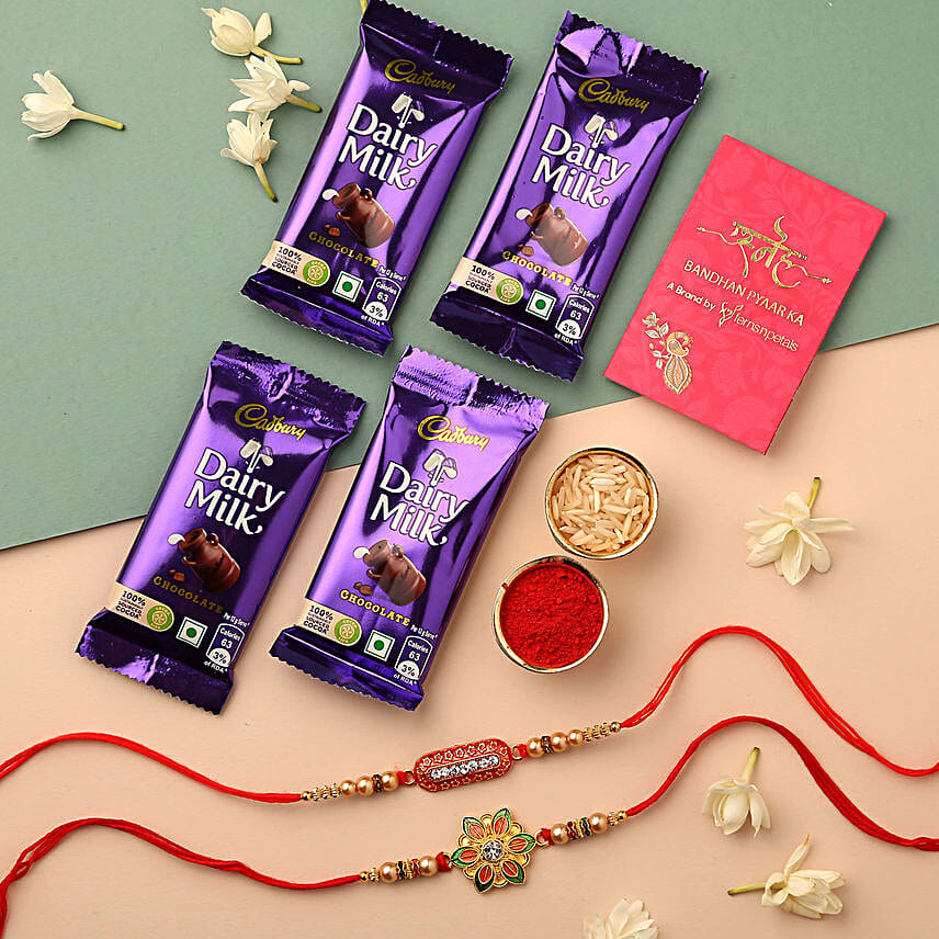 Meenakari Flower & Capsule Rakhi With Cadbury