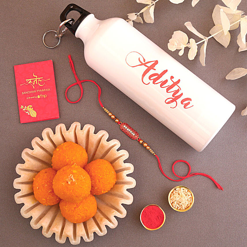 Sleek Rakhi and Personalised Bottle With Laddoos