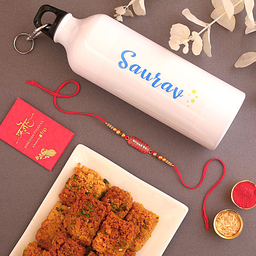 Capsule Rakhi and Personalised Bottle With Sweet Hand Delivery