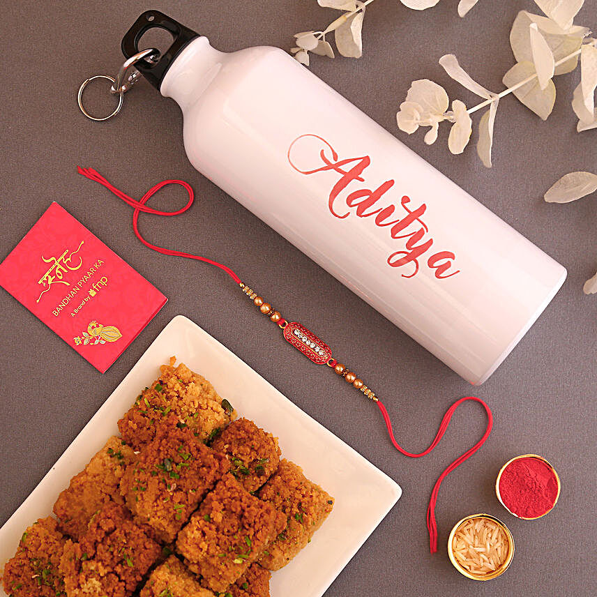 Designer Rakhi and Personalised Bottle With Sweet Hand Delivery