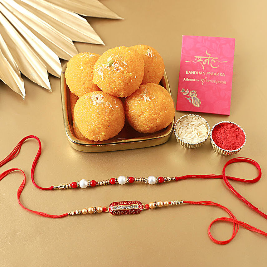 pearl n ethnic rakhi with sweet for brothers online:Rakhi with Sweets