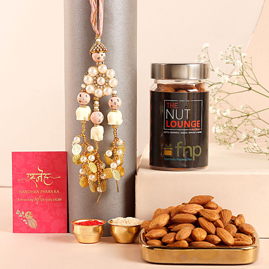 Sneh Pearl Tassel Style Lumba Nutraj Almonds:Send Rakhi with Dryfruits