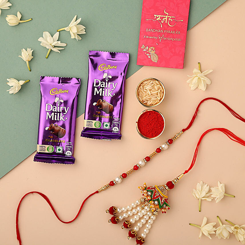 Pearl Lumba Rakhi Set & Chocolates- Hand Delivery:Same Day Delivery Gifts