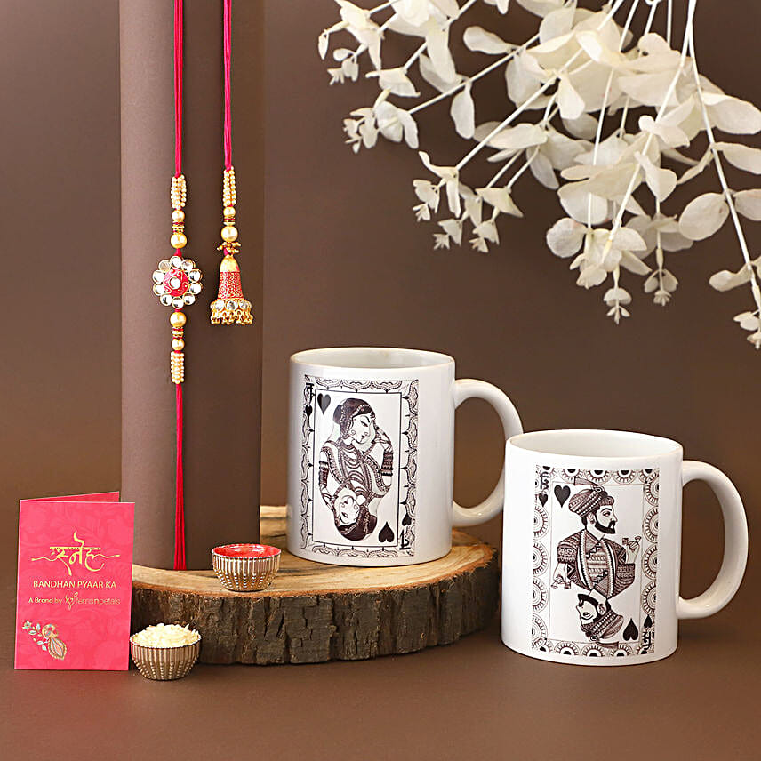 Sneh Cultural Bhaiya Bhabhi Rakhi N King Queen Mug Set