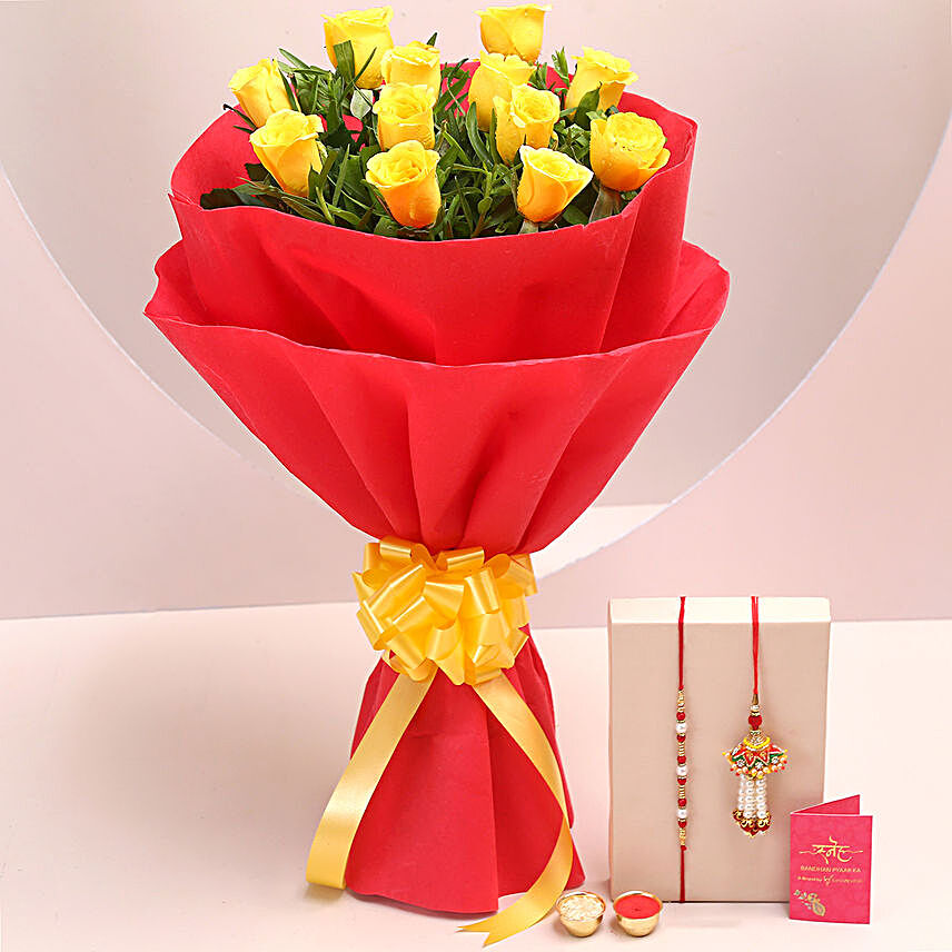Online Yellow Roses Bouquet & Bhaiya Bhabhi Rakhi