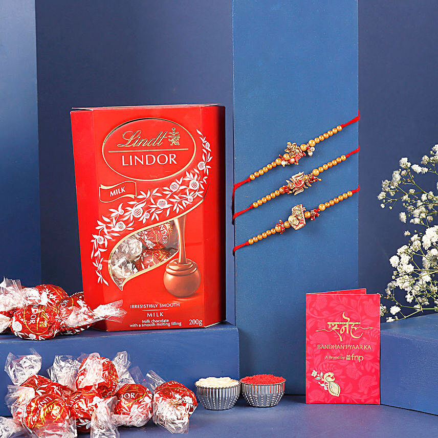 Sneh Divine Rakhi Set and Lindt Milk Chocolates:Send Rakhi With Chocolates