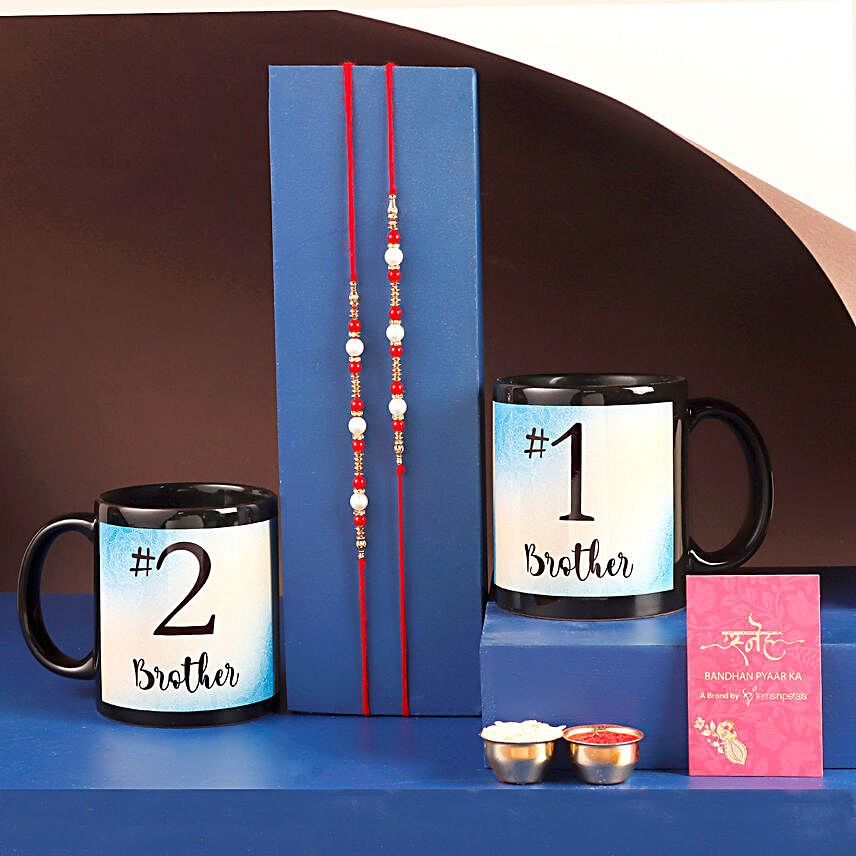 Set of 2 Pearl Rakhi and Brother Mugs Hand Delivery