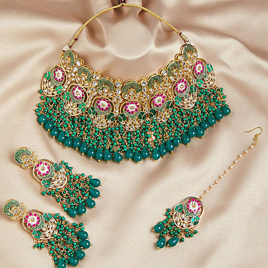 Green Kundan Meenakari Studded Necklace Set