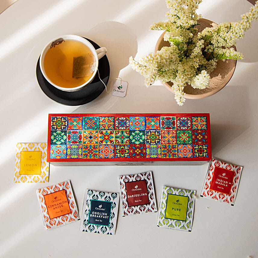 Black & Green Teabags In N Tile Motif Wooden Box