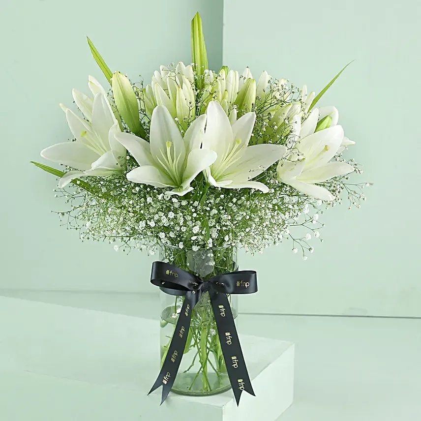Blooming Asiatic Lilies In Black Ribbon Tied Vase:Exotic Flower Bouquet