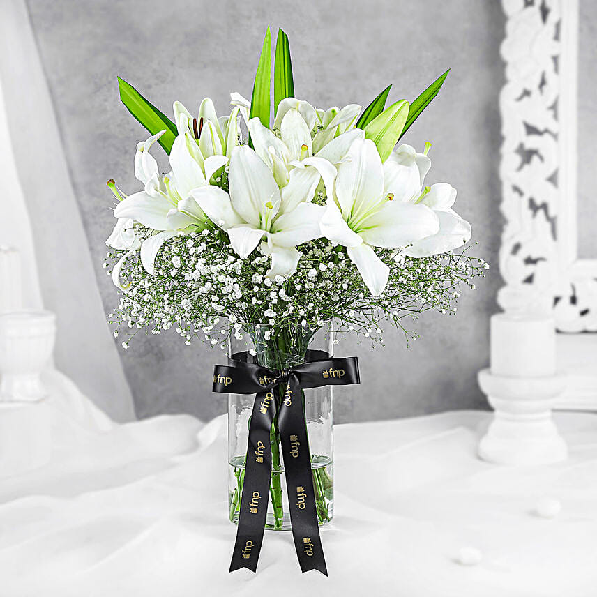 Blooming Asiatic Lilies In Black Ribbon Tied Vase