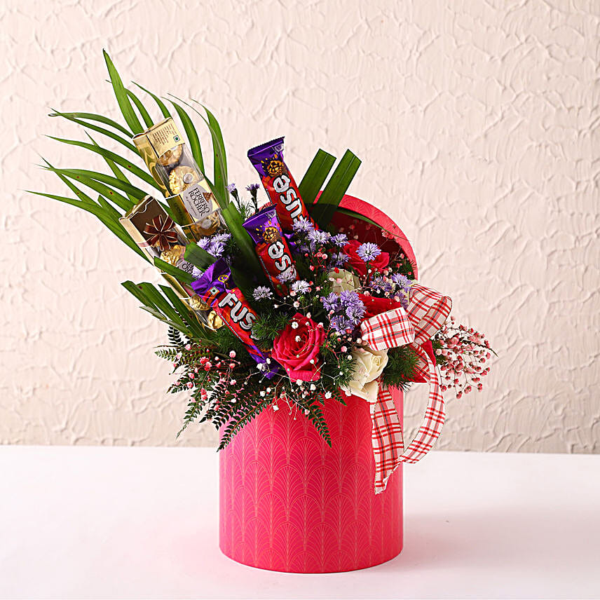 Chocolates & Mixed Flowers Pink Round Box