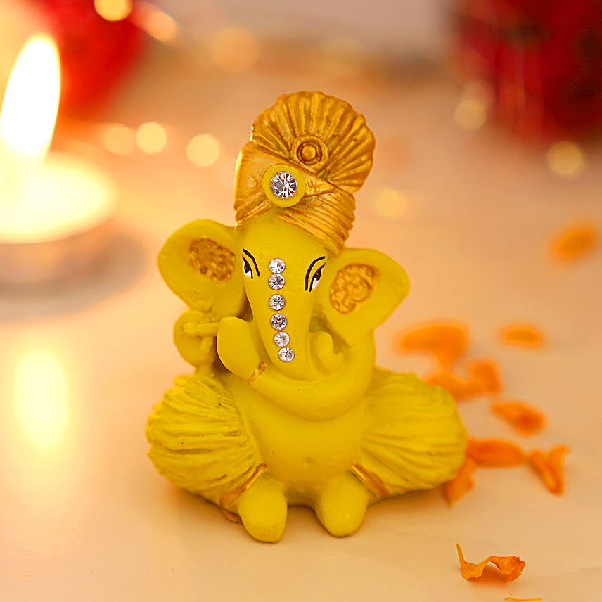 Pagdi Wale Ganesha Ji Idol With Flute - Matte Yellow