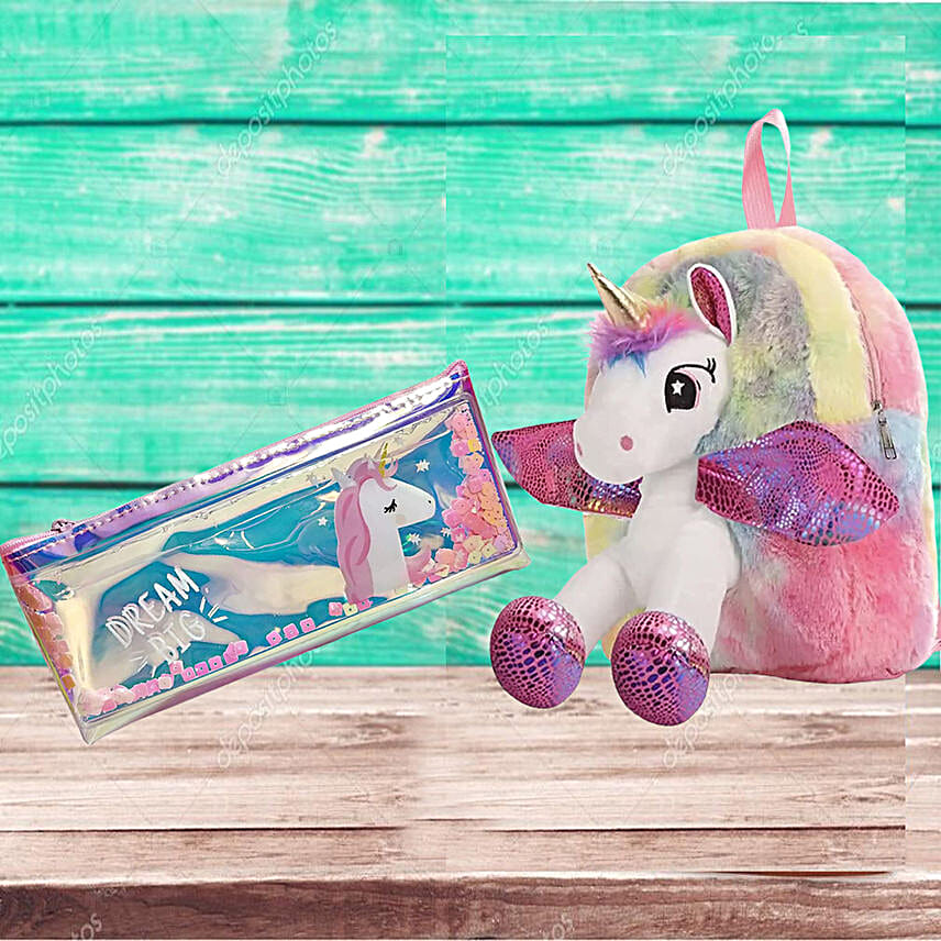 Unicorn School Bag & Glitter Holographic Pouch