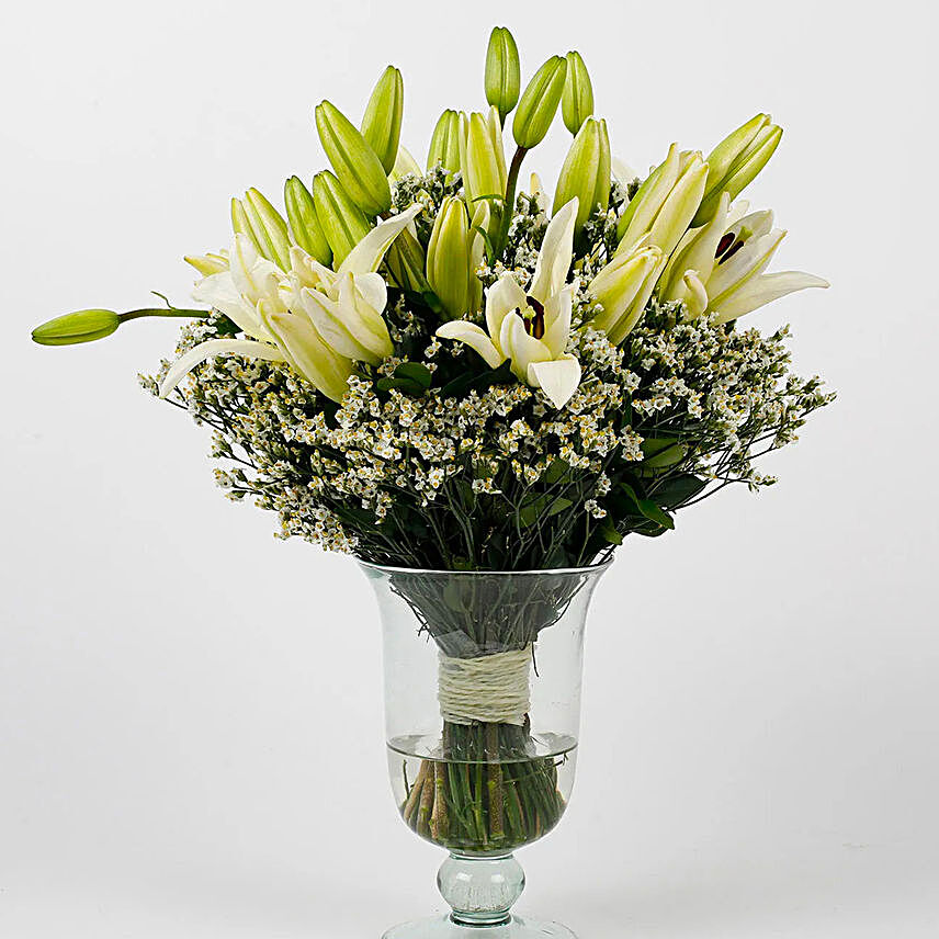 White Lilies & Limoniums Glass Vase