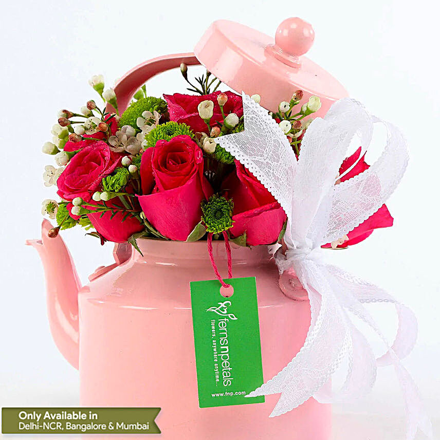 Buy Online Pink Rose Tea Pot Arrangement:Chrysanthemum Flower