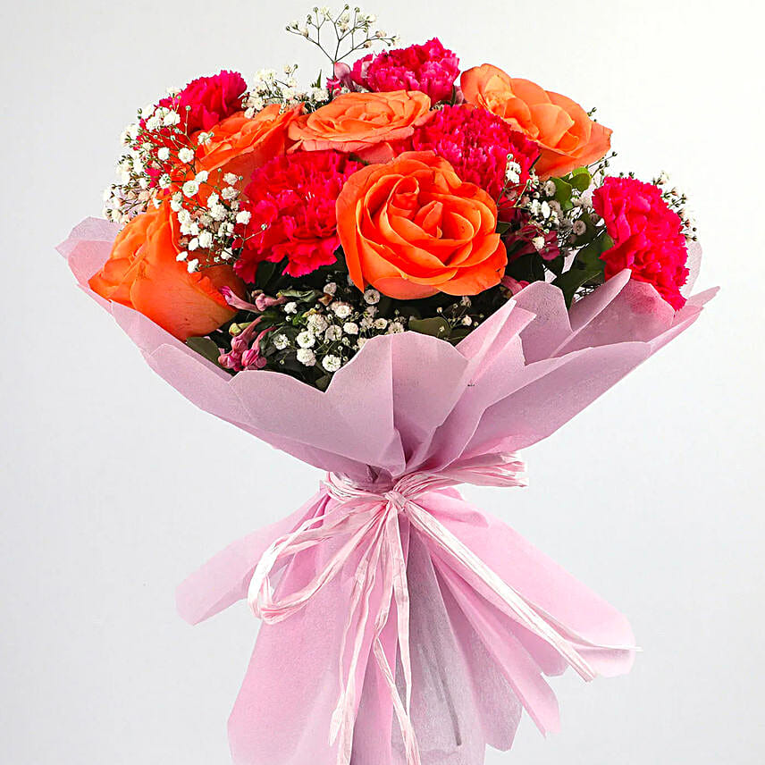 Pink Carnations & Orange Roses Bouquet