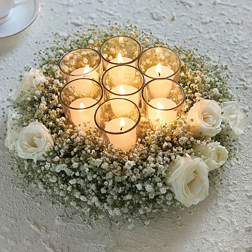 White Roses In Round Wooden Tray