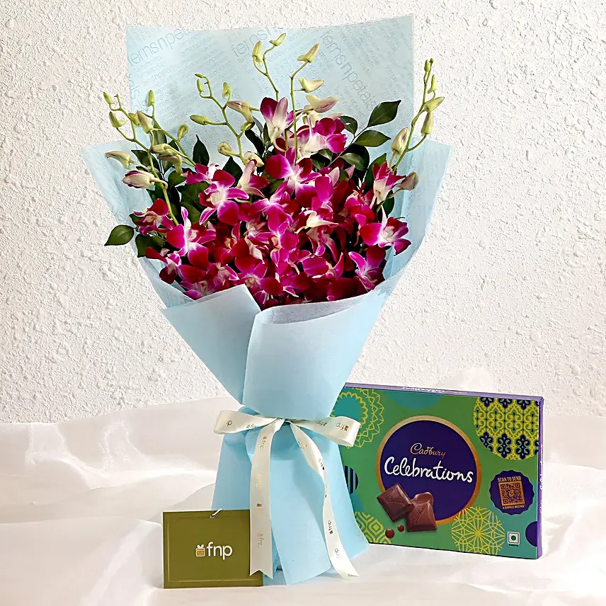 Heartfelt Feelings Orchids Bouquet With Celebrations Box